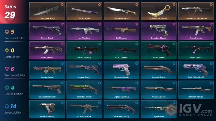 NA | Xenohunter Knife, Sovereign Sword, Prime//2.0 Karambit, Sentinels of Light Vandal, Prime Vandal, Oni Phantom, Reaver Ghost, Prime Spectre