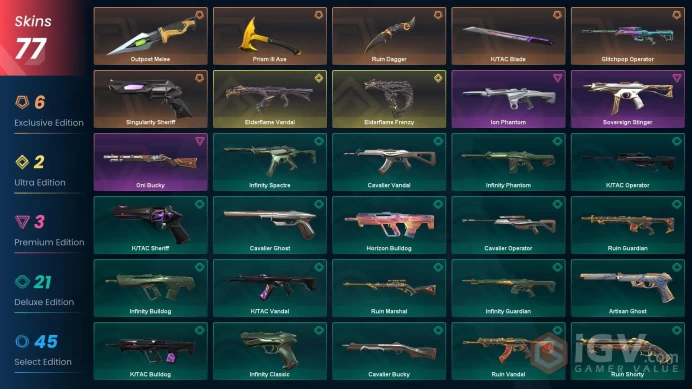 NA+77 skins+25000VP+Ruin Dagger+Outpost Melee+K/TAC Blade+Singularity Sheriff+Elderflame Frenzy+No phone.12.28.3