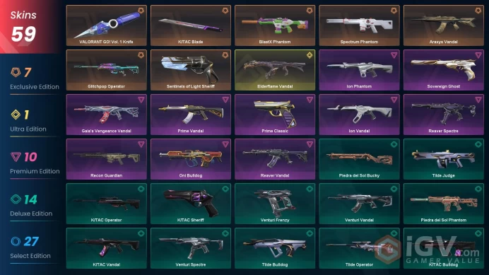EU/TR 59 skins | Araxys Vandal | Spectrum Phantom | Sentinels of Light Sheriff | Glitchpop Operator | Elderflame Vandal | BlastX Phantom |