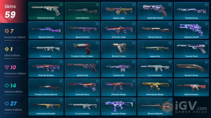 EU/TR 59 skins | Araxys Vandal | Spectrum Phantom | Sentinels of Light Sheriff | Glitchpop Operator | Elderflame Vandal | BlastX Phantom |