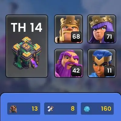 TH 14 Full Max, 6 Equipment Epic, Defense Max, Wall Max, 7 Hero Skin, Magic Items, Hero High Level, Lifetime Warranty
