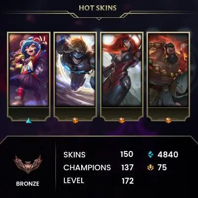 EUW / BRONZE 4  / 137 Champ / 150 Good skins(3 Ultimate, 3 Mythic, 14 Legendary, 67 Epic) / 160 MYTHIC ESSENCE / S3 ACC /FULL ACCES / CHEAP