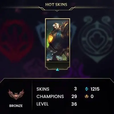 S15 SPLİTE2 EUW > BRONZE I/ 29 CHAMPS / 3 SKINS / 1K BE / 36 Level / Full Access > Unverified Mail / LIFETIME WARRANTY