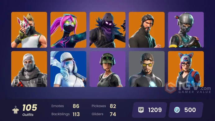 105 SKINS + THE REAPER + TAKE THE L + HAVOC + DRIFT + GALAXIA + ELITE AGENT + FABLE + YUKI + THE KID LAROY + DRIFT + RAVEN + DARK BOMBER + POLAR
