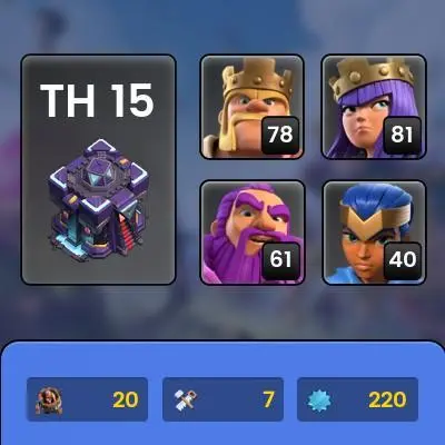 AR114- TH15 Max 95% | XP 220 | BK78 AQ81 MP54 GW61 RC40 | +6158 Gems & 2000 NC & 9 Epic Equipment | 100% Secure SCID | iOS & Android