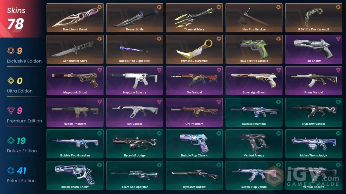 EU | RGX 11z Pro Karambit, Mystbloom Kunai, Xenohunter Knife, Ion Vandal, Prime Vandal, Recon Phantom, Sovereign Ghost, Neptune Spectre [F/A]