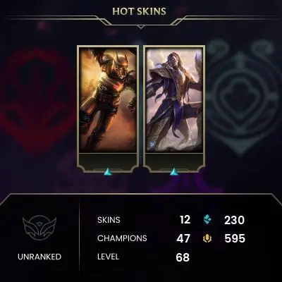 EUW / UNRANKED / 47 Champ / 12 Good skins(9 Epic) / 595 RIOT POINTS / HONOR 3 / S8 ACC / HANDMADE / FULL ACCES / CHEAP