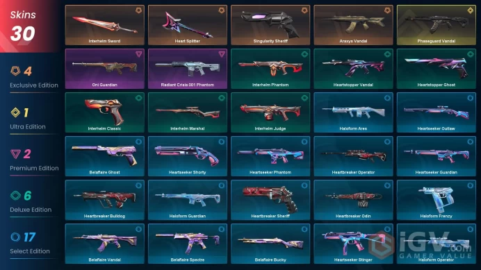 EU [ 30 TOP SKINS + 2 KNIFE ] Heart Splitter + Interhelm Sword + Araxys Vandal + Phaseguard Vandal + Singularity Sheriff  / FULL ACCES