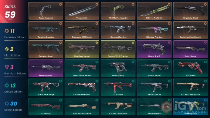EU [ 59 TOP SKINS + 4 KNIFE ] Protocol 781-A Phantom + Elderflame Vandal + Reaver Karambit + RGX 11z Karambit +Champions 2023 Vandal /full acces