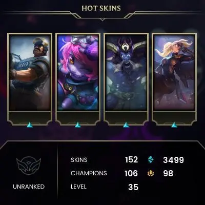 EUW EMAIL CHANGEABLE 106 CHAMPIONS 152 SKINS  35 LVL