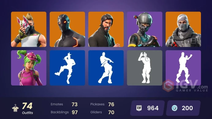 74 SKINS + THE REAPER + TAKE THE L + ELITE AGENT + STW OLD + FRESH + C4S1 CHAMPION I + HAVOC + SLAYER JUICE WLRD + BUNNY BRAWLER + MAGUL MASTER