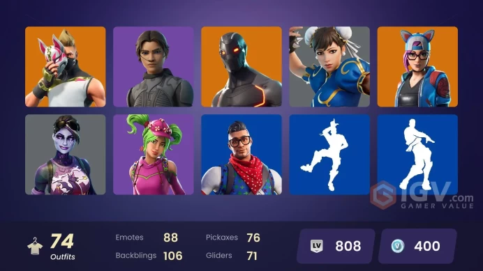 74 SKINS + TAKE THE L + CHUN-LI + STW OLD + ELIT'S SIGIL + KRUSTY THE CLOWN + DRIFT + OMEGA + HERO BAYMAX + ART THE CLOWN + YULEJACKET