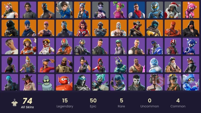 74 SKINS + TAKE THE L + CHUN-LI + STW OLD + ELIT'S SIGIL + KRUSTY THE CLOWN + DRIFT + OMEGA + HERO BAYMAX + ART THE CLOWN + YULEJACKET