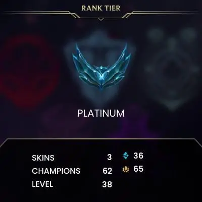 EUW / PLAT 4(43LP) / 62 Champ / 3 Good skins / HONOR 4 / S14 ACC / HANDMADE / CHEANGEABLE MAIL / LIFETIME WARRANTY / CHEAP