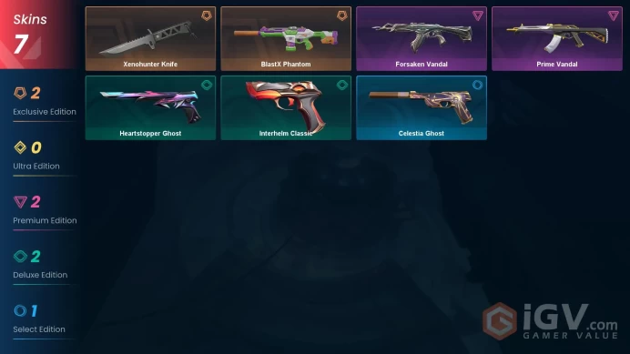 7 Skin // EU-TR // Prime Vandal + Forsaken Vandal + Blastx Phantom + Xenohunter Knife // FULL Access // Valorant Best Skins // Diamond 1