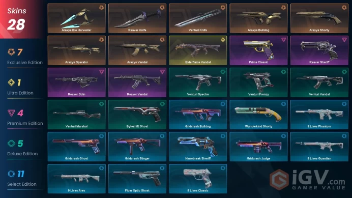 28 Skin // EU-TR // Vandal: Elderflame, Araxys, Reaver + Prime Classic + Reaver Sheriff + Araxys Operator + 3 Knife // FULL Access // Platinum 1