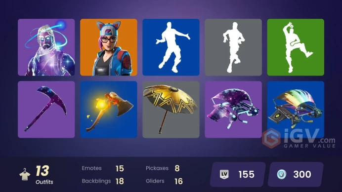 13 SKINS + GALAXY + DISCOVERY + STELLAR AXE + GALACTIC DISC + TOXIC TROOPER + SGT.WINTER + FABLE + POWDER + WAYPOINT