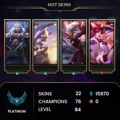 EUW / PLATIN 4 %61wr / 76 Champ / 22 Good Skins(2 Legendary, 6 Epic) / 15.9K BE / HONOR 4 / GOOD LOOT / S12 ACC / 84 LVL / FULL ACCES / HANDMADE