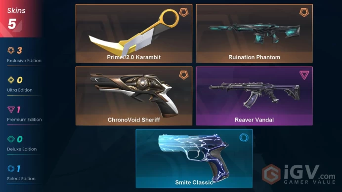 EU - LVL 61 - Unranked - 1 KNIFE - 5 SKINS(~10,550 VP) ChronoVoid Sheriff, Ruination Phantom, Prime2 Karambit, Reaver Vandal