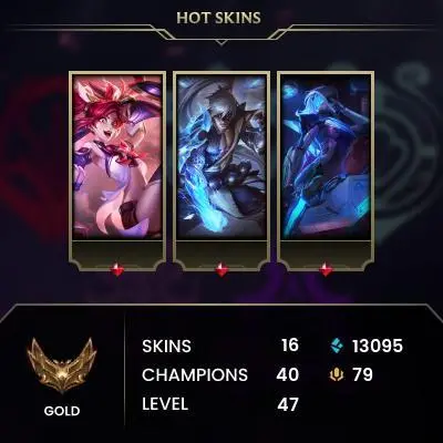 EUW / GOLD 4 %75WR / 40 Champ / 16 Good Skins(3 Legendary, 6 Epic) / 13K BE / HONOR 3 / S6 ACC / 47 LVL / FULL ACCES / HANDMADE