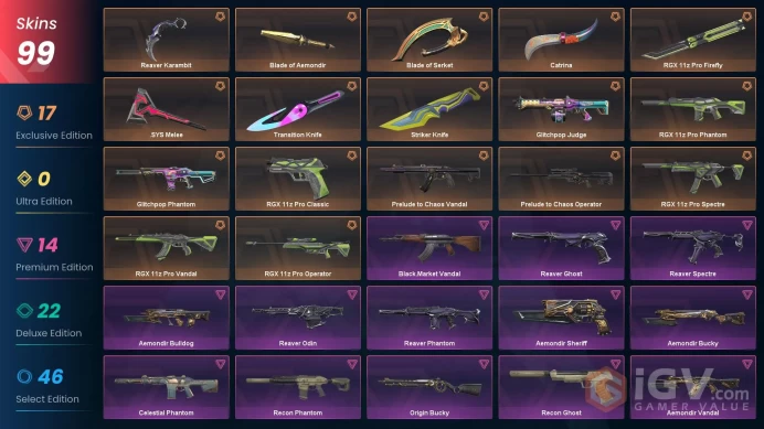 EU - LVL 68 - Unranked - 8 KNIVES - 99 SKINS (~74,275 VP) Prelude to Chaos Vandal, Blade of Serket, Reaver Karambit, RGX 11z Pro Phantom, Blade