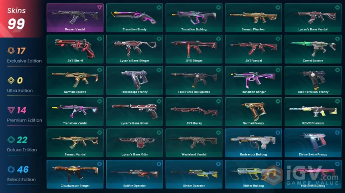 EU - LVL 68 - Unranked - 8 KNIVES - 99 SKINS (~74,275 VP) Prelude to Chaos Vandal, Blade of Serket, Reaver Karambit, RGX 11z Pro Phantom, Blade