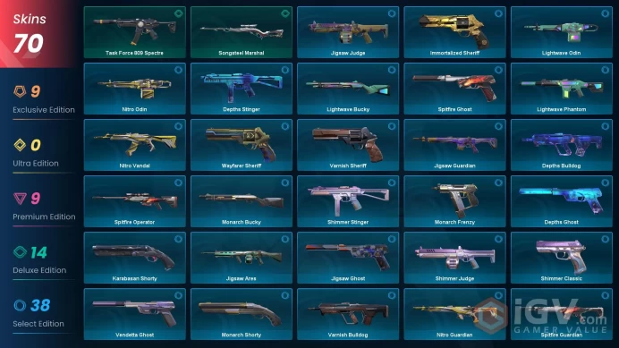 EU - LVL 179 - Unranked - 7 KNIVES - 70 SKINS (~36,125 VP) Reaver Karambit, Prime2 Karambit, Singularity Sheriff, Oni Claw, Glitchpop Dagger, P