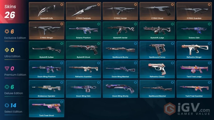 EU - LVL 34 - Unranked - 2 KNIVES - 26 SKINS(~14,925 VP) Byteshift Knife, CYRAX Ghost, CYRAX Stinger, CYRAX Fanblade, CYRAX Vandal, CYRAX Guard