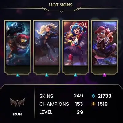 EUW / IRON 3 / 153 Champ / 249 Good Skins / RIOT KAYLE / 21.7K BE / 1.519 RIOT POINTS / S2 ACC / HANDMADE / FULL ACCES /CHEAP