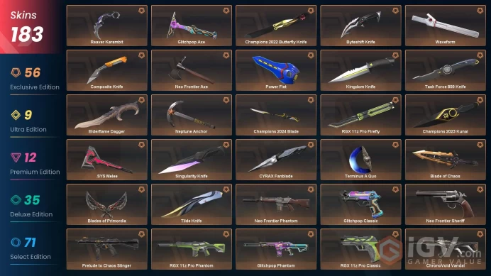 EU - LVL 108 - Unranked - 22 KNIVES - 183 SKINS (~198,225 VP) RIOT(FIST BUMP) GUN BUDDY, Radiant Ent Collection, Elderflame Collection, Singula