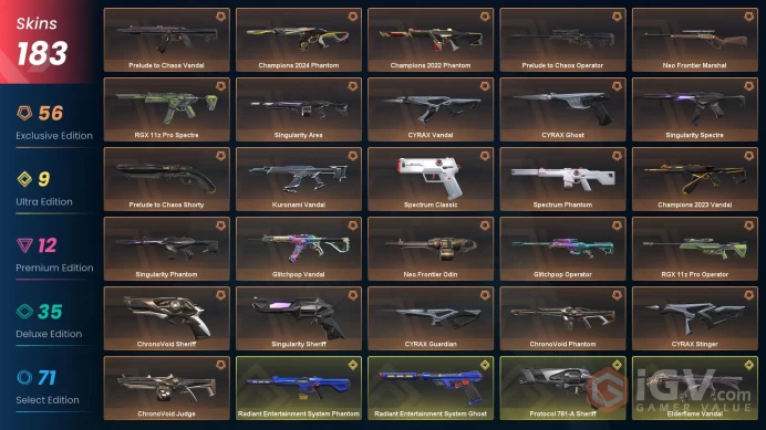 EU - LVL 108 - Unranked - 22 KNIVES - 183 SKINS (~198,225 VP) RIOT(FIST BUMP) GUN BUDDY, Radiant Ent Collection, Elderflame Collection, Singula