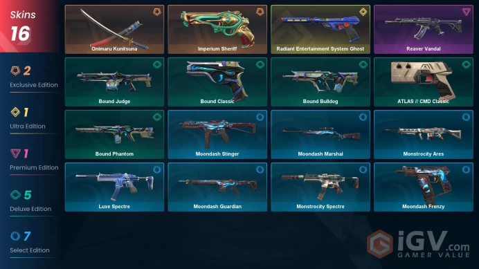 EU - LVL 48 - Unranked - 1 KNIFE - 16 SKINS(~13,150 VP) Radiant Entertainment System Ghost, Imperium Sheriff, Onimaru Kunitsuna, Reaver Vandal,