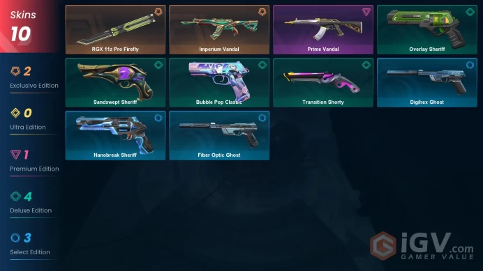 EU - LVL 141 - Unranked - 1 KNIFE - 10 SKINS (~8,300 VP) Imperium Vandal, RGX 11z Pro Firefly, Prime Vandal