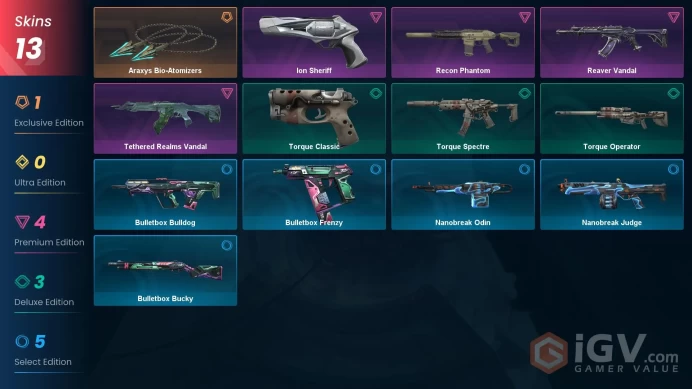 EU - LVL 47 - Unranked - 1 KNIFE - 13 SKINS (~12,450 VP) Araxys Bio-Atomizers, Reaver Vandal, Ion Sheriff, Recon Phantom, Tethered Realms Vanda