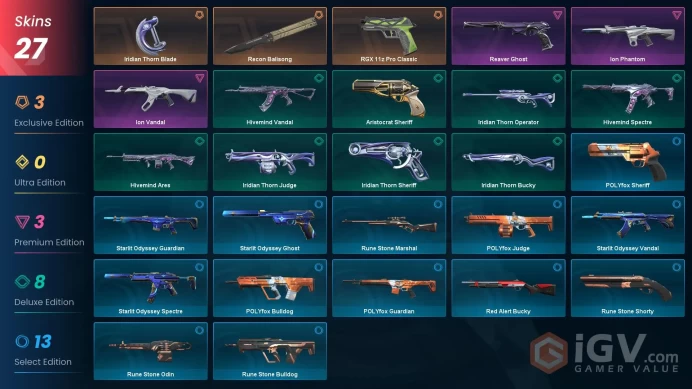 EU - LVL 49 - Unranked - 2 KNIVES - 27 SKINS(~12,325 VP) Recon Balisong, RGX 11z Pro Classic, Iridian Thorn Blade, Ion Vandal, Ion Phantom, Rea
