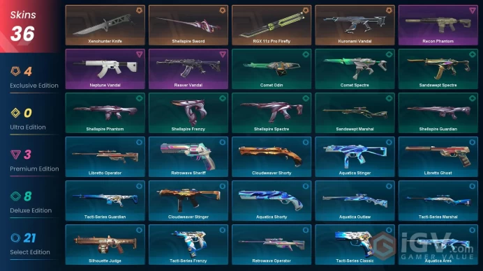 EU - LVL 43 - Unranked - 3 KNIVES - 36 SKINS(~15,600 VP) Xenohunter Knife, Kuronami Vandal, RGX 11z Pro Firefly, Shellspire Sword, Reaver Vanda