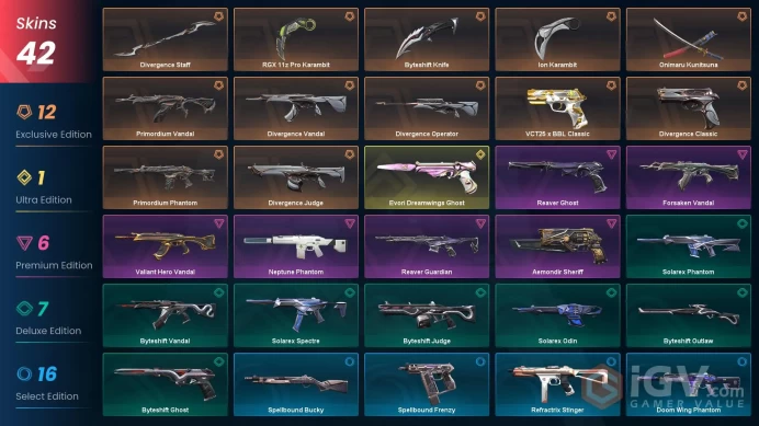 EU - LVL 75 - Unranked - 5 KNIVES - 42 SKINS (~45,880 VP) Ion Karambit, RGX 11z Pro Karambit, Primordium Vandal, Byteshift Knife, Onimaru Kunit