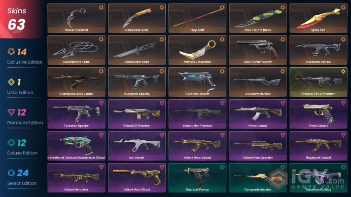 EU - LVL 46 - Unranked - 8 KNIVES - 63 SKINS (~64,900 VP) Kuronami Collection, Ignite Fan, Champions 2023 Vandal, Xenohunter Phantom, Kuronami 