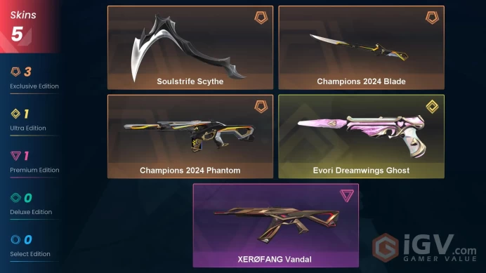 EU - LVL 22 - Unranked - 2 KNIVES - 5 SKINS (~15,825 VP) Evori Dreamwings Ghost, Soulstrife Scythe, Champions 2024 Blade, Champions 2024 Phanto