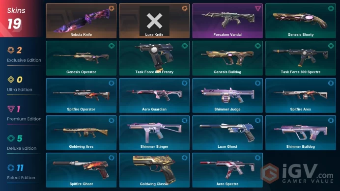 EU - LVL 27 - Unranked - 2 KNIVES - 19 SKINS(~7,950 VP) Forsaken Vandal, Nebula Knife, Luxe Knife
