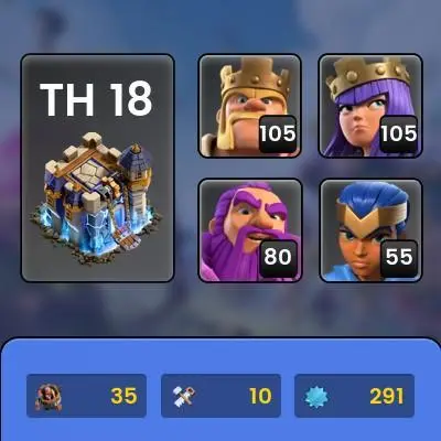 [ Xx Th18 xX ] Xp 291, 5700 WAR STAT, All 5 Heroes Max { 9 Rare Epic Max } 40k legend Trophy ! 125 Wall Max, Nice items, 2015 Tree, 70% off shop