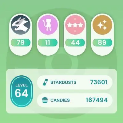 Account 2016, Level 64, 89 Shiny, 79 Legend, 44 IV 100, 10 Shiny Legend, 9 Shadow Legend