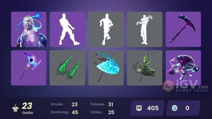 23 SKINS + GALAXY + STELLAR AXE + DISCOVERY + SLAYER JUICE WRLD + LADY OF CRANES + CLASH + MEOWDAS + 1-BALL + KENDO + CHAOS DIRECTOR +KYRAN ARYK