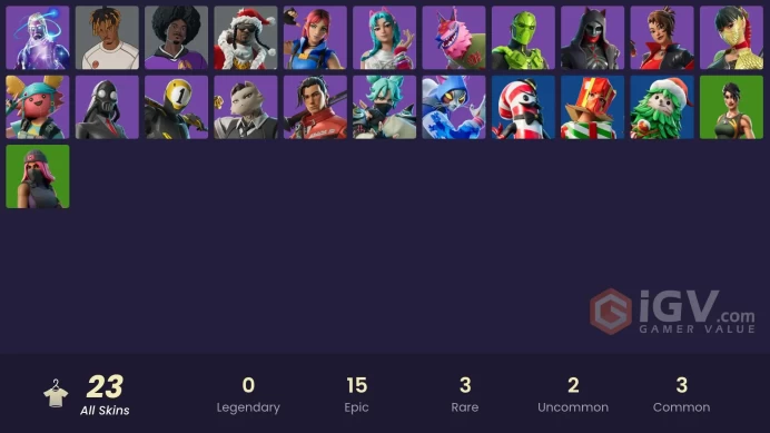 23 SKINS + GALAXY + STELLAR AXE + DISCOVERY + SLAYER JUICE WRLD + LADY OF CRANES + CLASH + MEOWDAS + 1-BALL + KENDO + CHAOS DIRECTOR +KYRAN ARYK