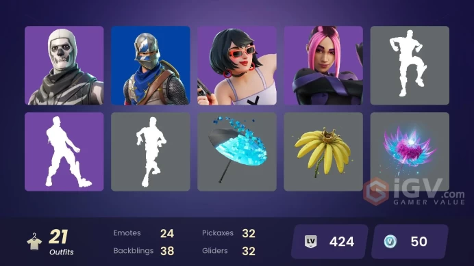 21 SKINS + BLUE SQUIRE + SNAP + EVIE + SKULL TROOPER + HEIDI + MOGUL MASTER + INDIANA JONES + SELENE + GUARDIAN AMARA + YULETIDE RANGER