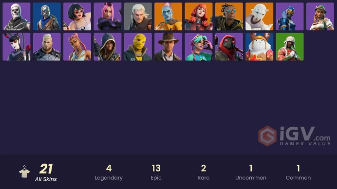 21 SKINS + BLUE SQUIRE + SNAP + EVIE + SKULL TROOPER + HEIDI + MOGUL MASTER + INDIANA JONES + SELENE + GUARDIAN AMARA + YULETIDE RANGER