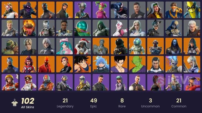 102 SKINS + THE REAPER + LEON S.KENNEDY + CANDY AXE + TAKE THE L + IT'S DYNAMITE! + WASTELANNDER'S REVENGE + RAIDEN + CYCLOPS