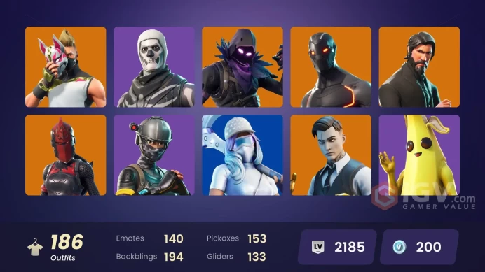 185 SKINS + THE REAPER + MERRY MINT AXE + PITCH PATROLLER + STW OLD + OMEGA (STAGE 5) + LEVIATHAN AXE + REX  + GOLD MIDAS + ELITE AGENT 
