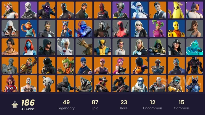 185 SKINS + THE REAPER + MERRY MINT AXE + PITCH PATROLLER + STW OLD + OMEGA (STAGE 5) + LEVIATHAN AXE + REX  + GOLD MIDAS + ELITE AGENT 