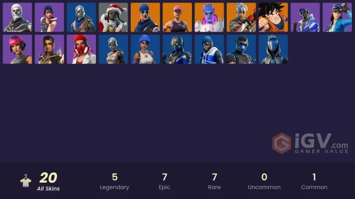20 SKINS + SPARKLE SPECIALIST + FLOSS + STW OLD + SON GOKU + SKULL TROOPER + MAKO + SHANTA + YULEJACKET + ROYALE KNIGHT + BLUE SQUIRE